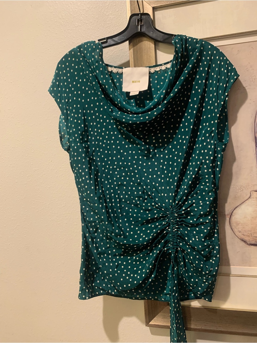 Anthropologie/ Maeve  Teal  100% Silk Polka Dot Ruched Cowl Neck Blouse